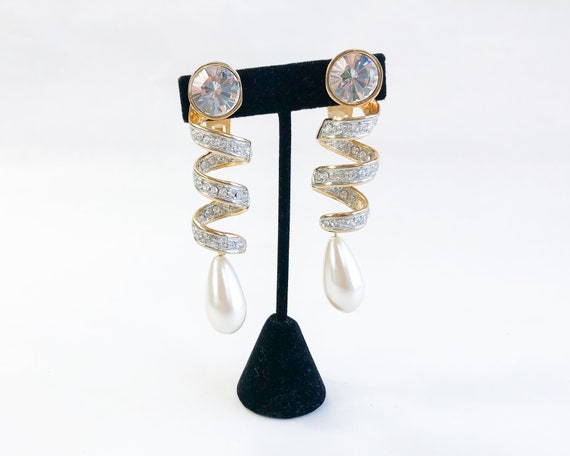 1980s Pearl & Gold Earrings | 80s Pearl Rhinestone