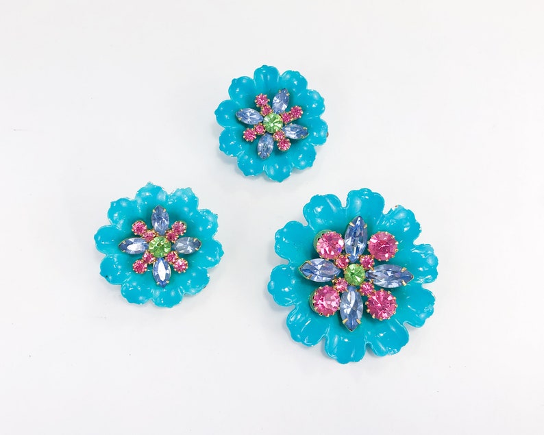 1960s Turquoise Flower Earrings Set 60s Blue Enamel Flower Jewelry Set