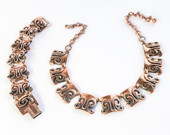 1950s Copper Necklace & Bracelet Set | 50s Copper Butterfly Choker Bracelet Jewelry Set