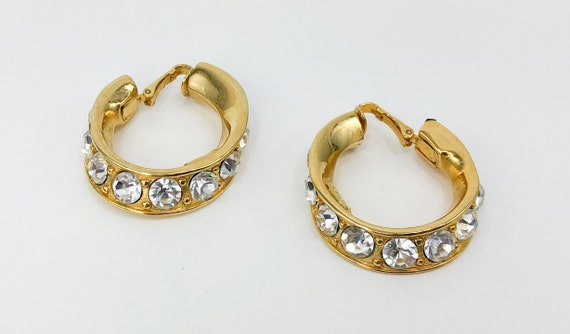 KJL | 1980s Gold & Rhinestone Hoop Earrings | 80s… - image 1