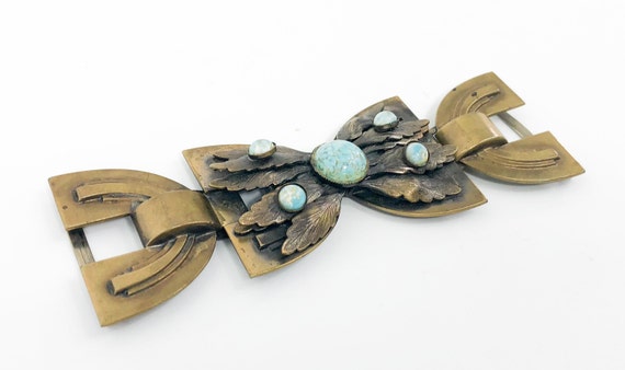 1930s Art Deco Buckle | 30s Brass & Blue Glass Buc