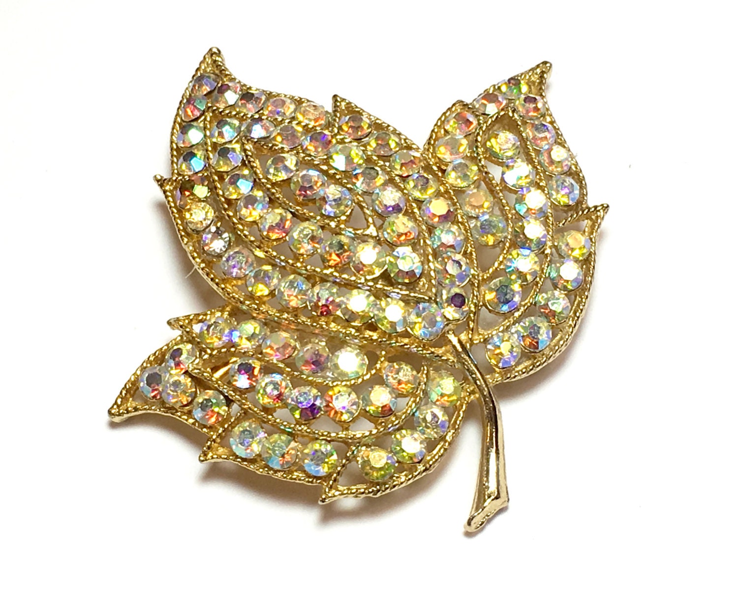 Vintage Weiss Rhinestone Leaf Brooch, Vintage Weiss Square