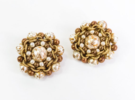 1980s Gold & Pearl Earrings | 80s Gold Chain Pear… - image 1