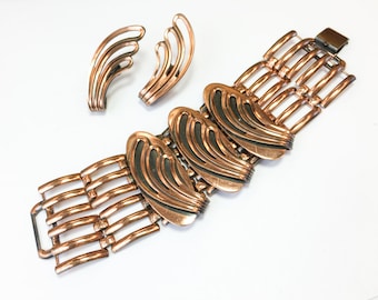 1950s Modernist Copper Bracelet Earring Set | Vintage MOD Swirl Link Design Set