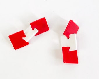 1960s Red & White Earrings | 60s Red White Plastic Squares