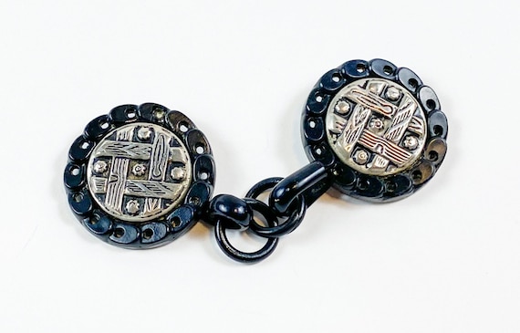 1930s Silver & Black Coat Buckle Vintage Celluloi… - image 1
