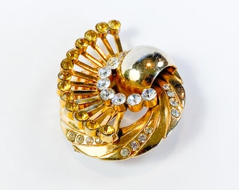 Broche vintage dourado com strass dos anos 1940 | Alfinete vintage dourado em espiral