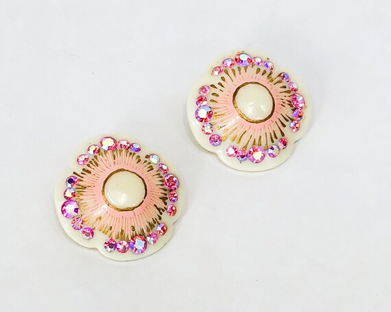 1950s Pink Rhinestone Flower Earrings | 50s White… - image 2