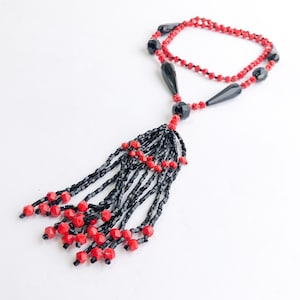 1920s Red & Black Beaded Necklace 20s Beaded Rope Necklace Flapper Necklace image 1
