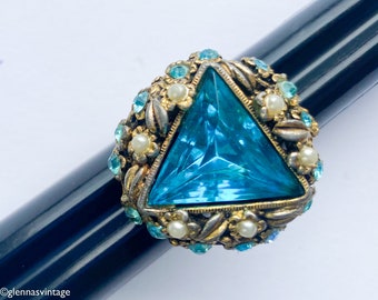 1950s Blue Glass & Pearls Ring | 50s Blue Triangle Cocktail Ring | Adjustable Size