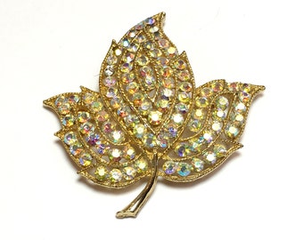Weiss | 1960s Gold Rhinestone Leaf Brooch | 60s Gold Aurora Borealis Rhinestone Leaf | Rhinestone Maple Leaf Brooch | Weiss
