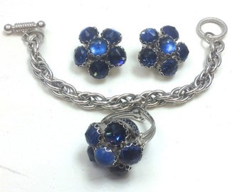 1960s Blue Glass Cabochon Bracelet and Earrings | Vintage Silver Chain Jewelry