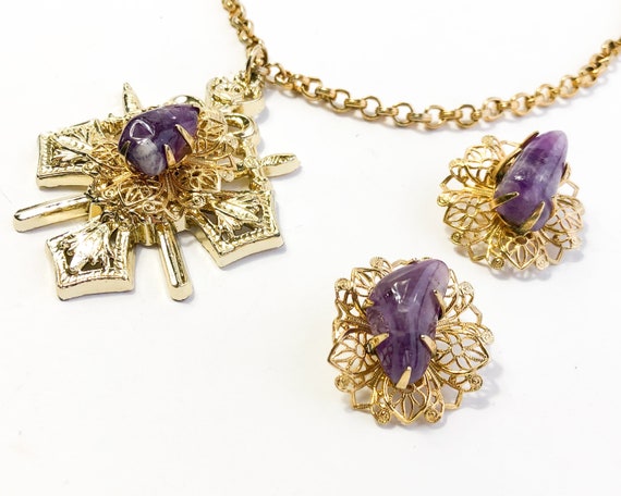 Coro | 1960s Gold & Purple Necklace Earrings Set … - image 6