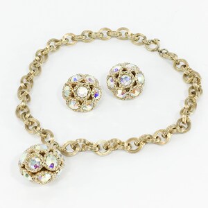 Sarah Coventry | 1960s Gold & Rhinestone Necklace Set | 60s Gold Rhinestone Necklace Clip Earring | Sarah Coventry