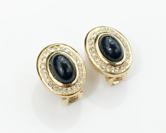 1980s Black & Gold Rhinestone Earrings | 80s Gold