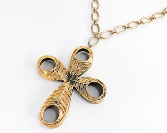1970s Tortoloni Gold Cross Pendant Necklace | Vintage Gold Brushed Metal Cross