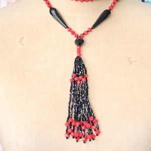 1920s Red & Black Beaded Necklace 20s Beaded Rope Necklace Flapper Necklace image 5