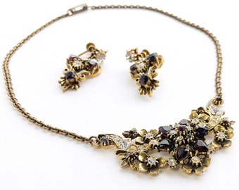 1940s Garnet Rhinestone Necklace Set | 40s Garnet Necklace & Earrings Set