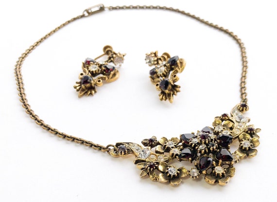 1940s Garnet Rhinestone Necklace Set | 40s Garnet