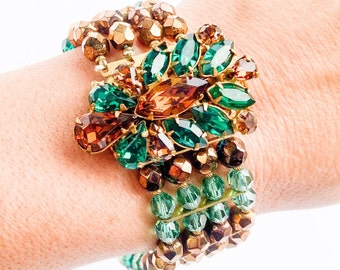 Eugene | 1950s Crystal & Rhinestone Bracelet | 50s Crystal Evening Bracelet | Green Bronze Crystal Bracelet | Eugene