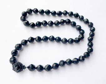 1950s Miriam Haskell Black Crystal Rope Necklace | Vintage Black Glass Beads