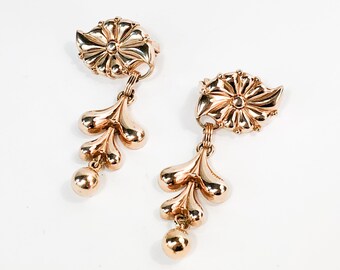 1950s Gold Drop Earrings | 50s Gold Flower Dangle Clip Earrings