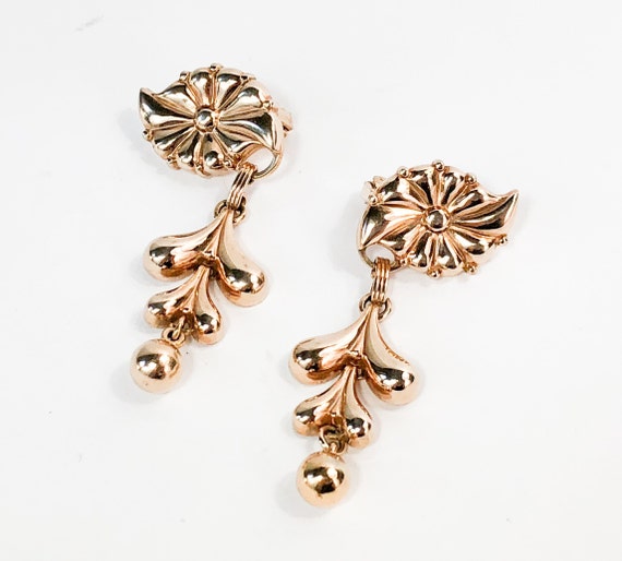 1950s Gold Drop Earrings | 50s Gold Flower Dangle… - image 1