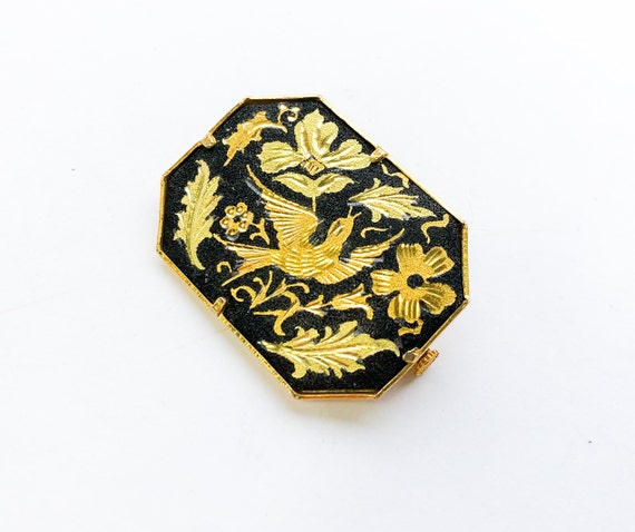 1980s Damascene Gold Brooch | 80s Gold & Black Da… - image 2