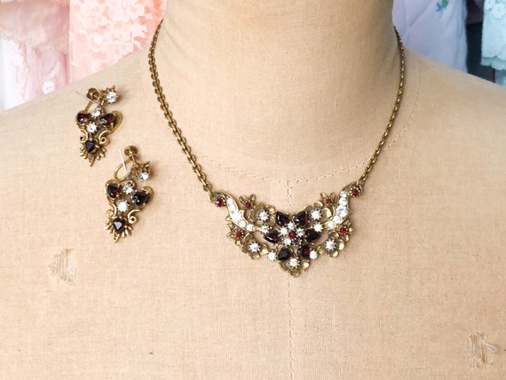 1940s Garnet Rhinestone Necklace Set | 40s Garnet
