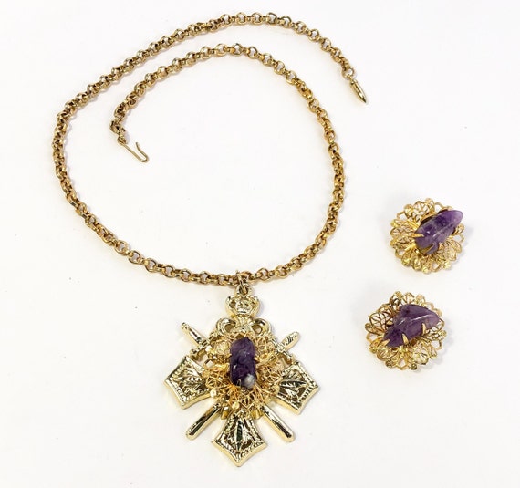 Coro | 1960s Gold & Purple Necklace Earrings Set … - image 5