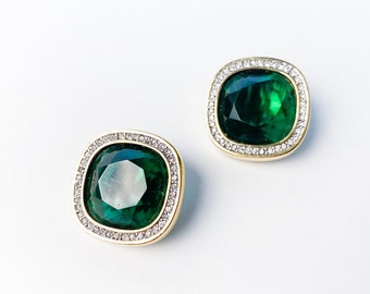 1980s Green Rhinestone Earrings | 80s Emerald Green Rhinestone Clip Earrings | Daniel Swarovski | D.S. Co