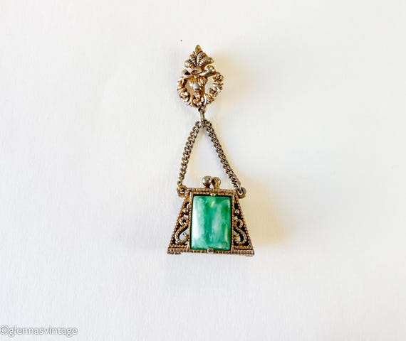 1940s Green Glass Purse Brooch | 40s Brass Purse … - image 4