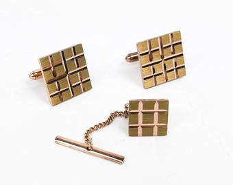 1950s Gold Cufflinks & Tie Tack | 50s Gold Square Cufflink Set | Vintage Gifts for Him