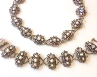 1950s Rhinestone Necklace Bracelet Set | Vintage Bronze Tone Baroque Jewelry