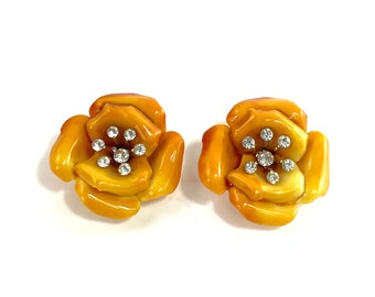 1960s Gold Rose & Rhinestone Earrings | 60s Gold Rose Clip On Earrings