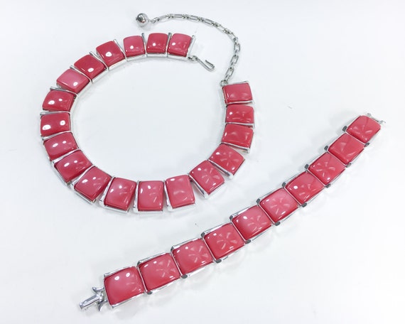 1950s Red Plastic Choker Bracelet Set | Vintage Mid Century Red Necklace Set