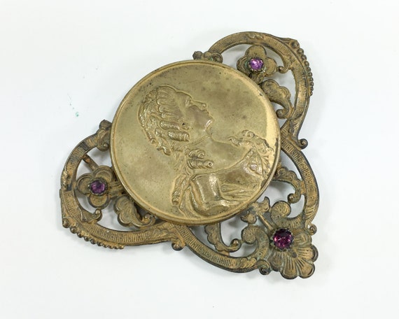1900s Brass Belt Buckle | Antique Brass Cameo Rhi… - image 2