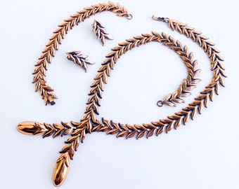 Renoir | 1950s Copper Necklace Parure Jewelry Set | 50s Copper Lariat Necklace Set | Copper Pendant 4 Pc Necklace Set | Renoir