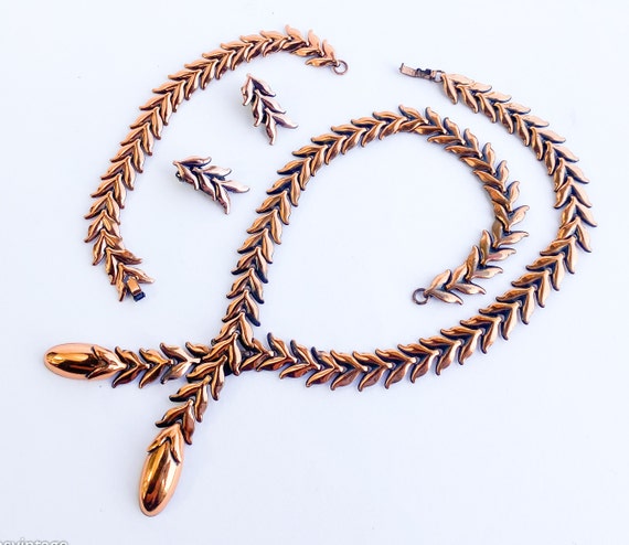 1950s Renoir Copper Leaf Necklace Set | Vintage Copper Parure Jewelry
