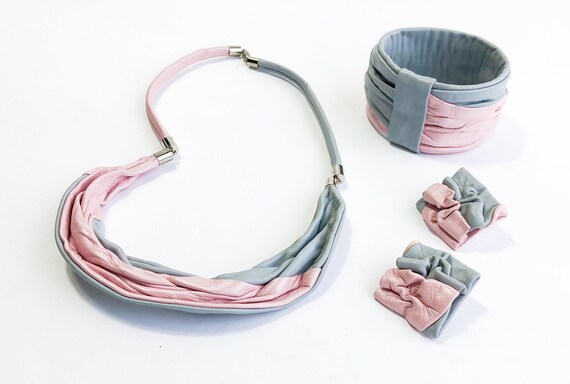 1990s Pink & Gray Leather Jewelry Set | 90s Pink … - image 3