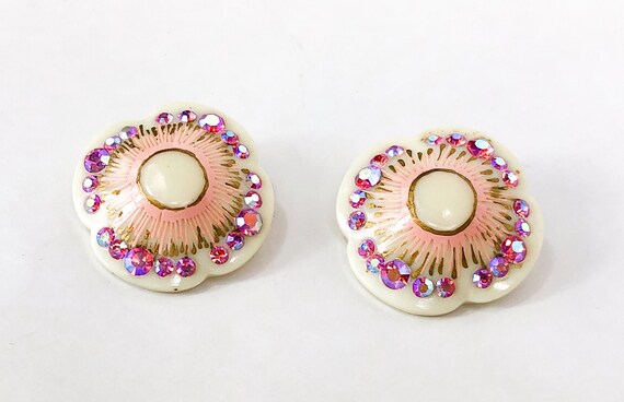 1950s Pink Rhinestone Flower Earrings | 50s White… - image 5