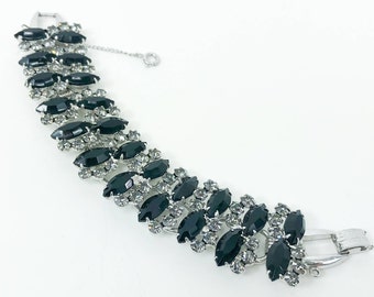 1950s Black Rhinestone Evening Bracelet | 50s Black Gray Rhinestones Bracelet | Juliana