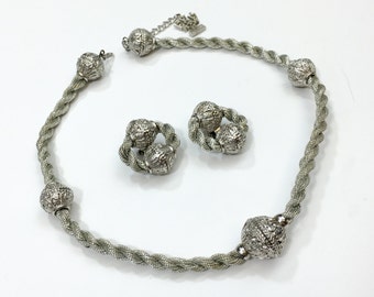 Mosell | 1960s Silver Metal Jewelry Set | 60s Silver Balls Necklace & Earrings | Mosell