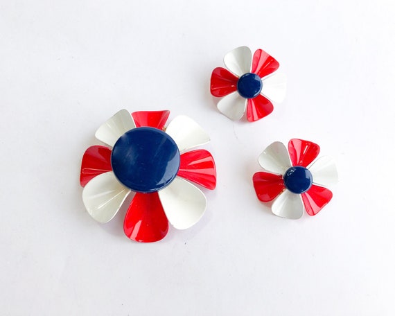 1960s Red White Blue Jewelry Set | 60s Flower Bro… - image 3