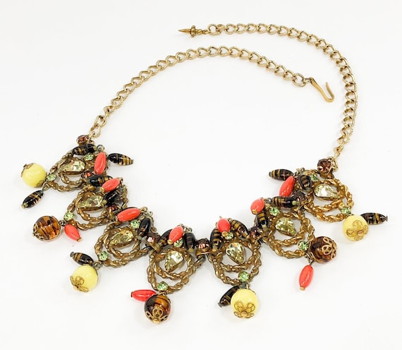 1940s Gold Rhinestone & Art Glass Necklace | 40s … - image 1