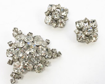 Conjunto de broche y pendientes de diamantes de imitación de los años 50 / Joyería vintage con broche de diamantes de imitación