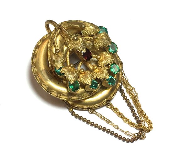 1920s Green Rhinestone & Brass Pendant | 20s Gold
