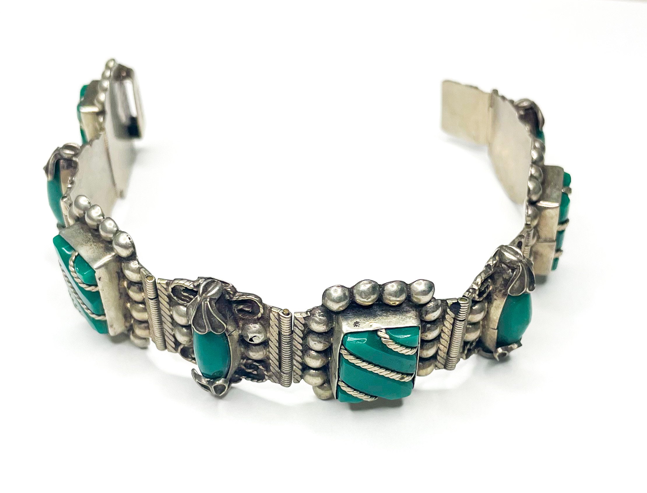 1940s Mexican Sterling Silver Green Onyx Panel Bracelet - Etsy