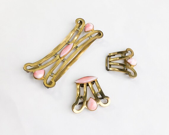 1930s  Gold & Pink Glass Belt Buckle Set | 30s Br… - image 5