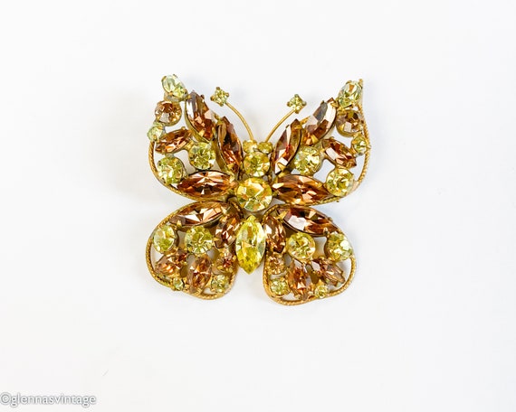 1950s Rhinestone Butterfly Brooch | 50s Yellow & … - image 4